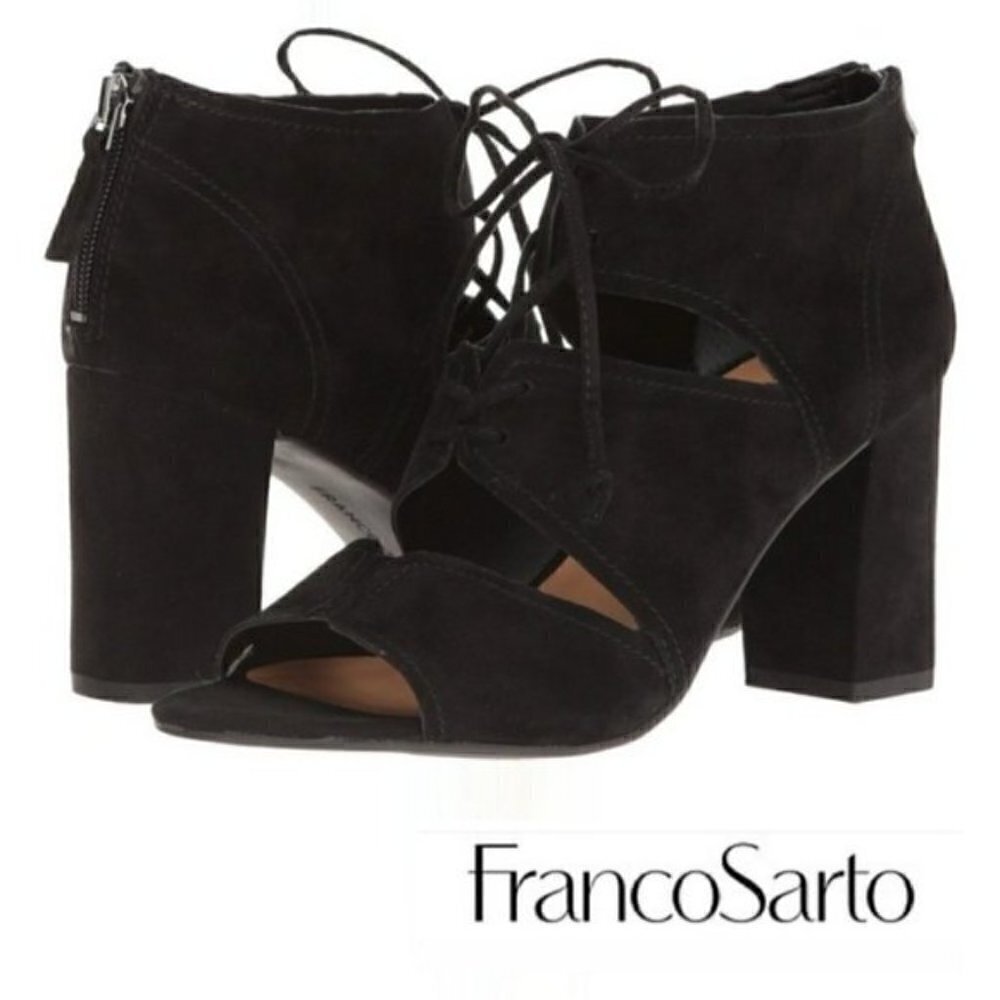 Franco‎ Sarto Black Gazella Suede Lace Up Block Heeled Boots 8.5